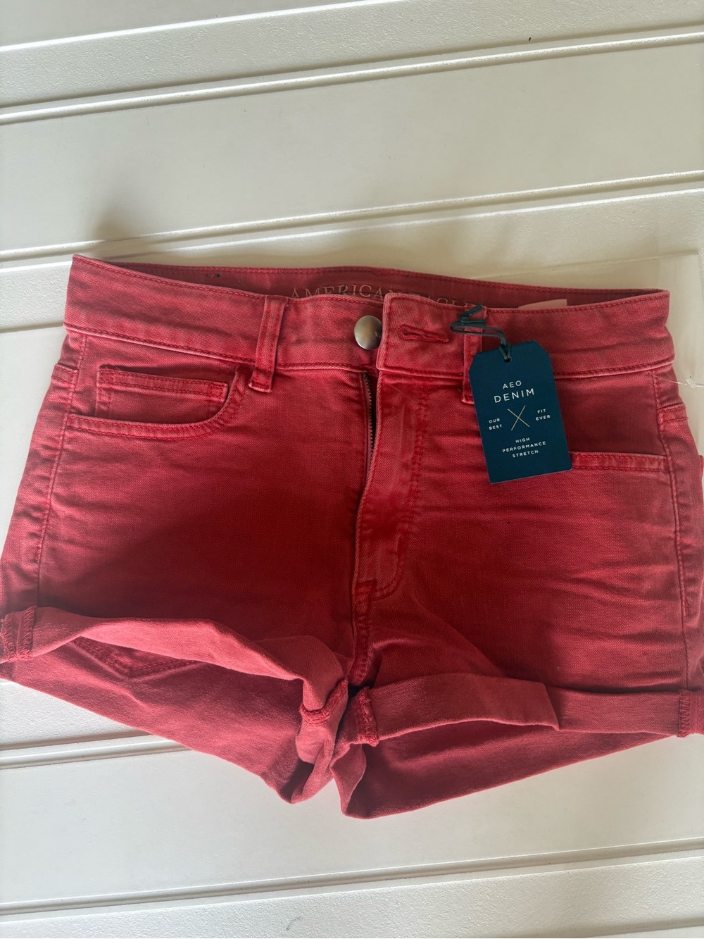 NWT American Eagle Women’s High Rise Shortie Jean Shorts Red/Orange Size 6